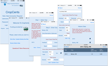 CropCents farm cost-management application screens.