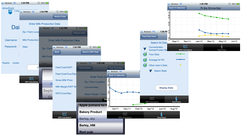 DairyCents herd and dairy management application screens.