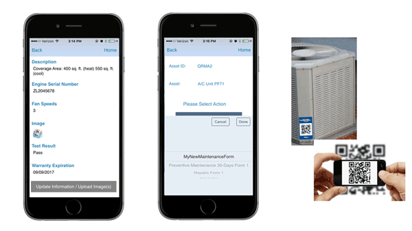 Mobile equipment record, work form, HVAC unit, and QR code scan.