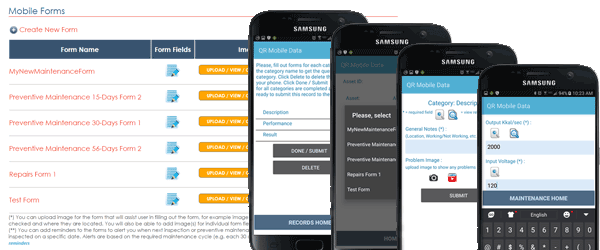 QR Mobile Data form list and mobile form screens used for equipment service.