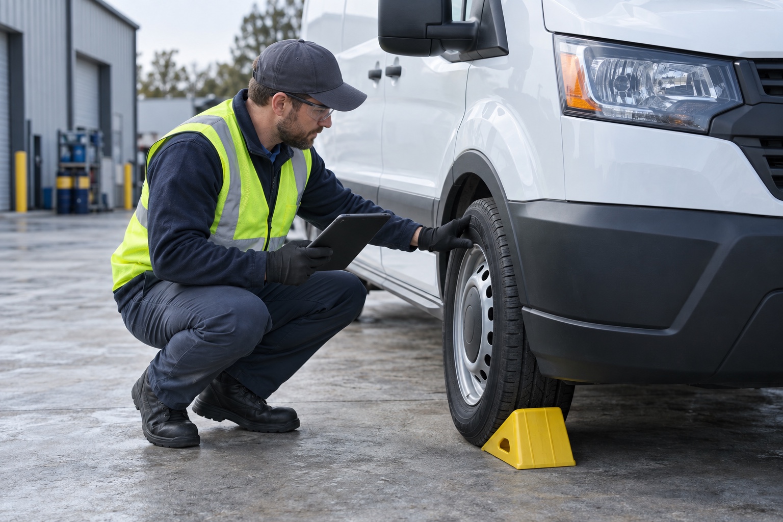 A field-service technician records a pre-trip inspection beside a parked service van.