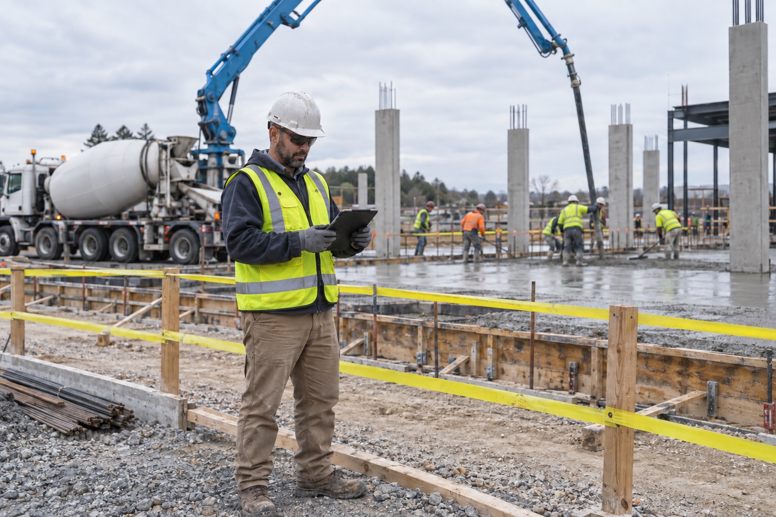 A construction superintendent records a concrete pour in a daily field report.
