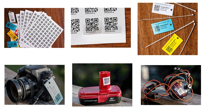 Sheets, cable tags, and equipment labels printed with QR codes.