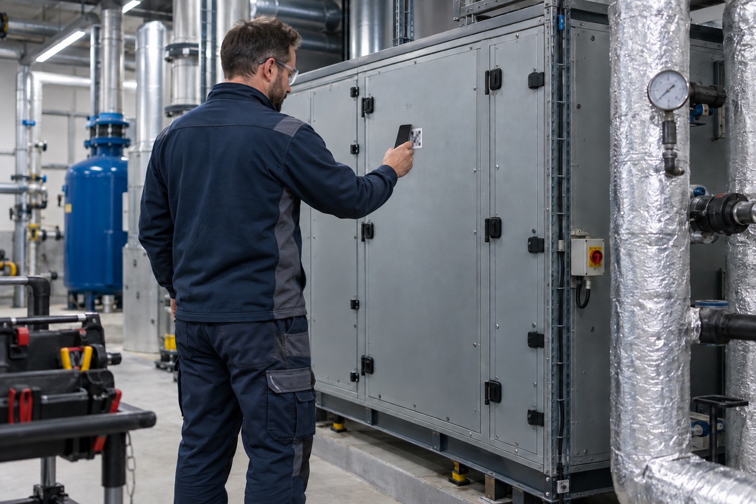 A service technician scans an equipment label on a closed mechanical cabinet.
