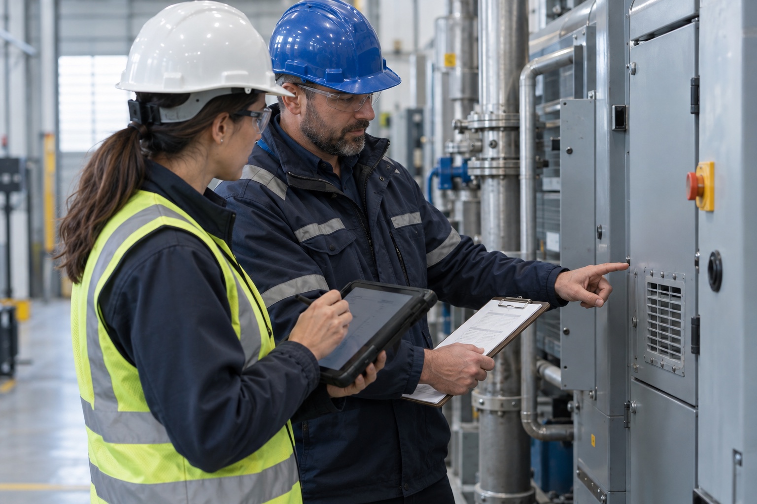 A field manager and service technician review an inspection checklist beside closed equipment.