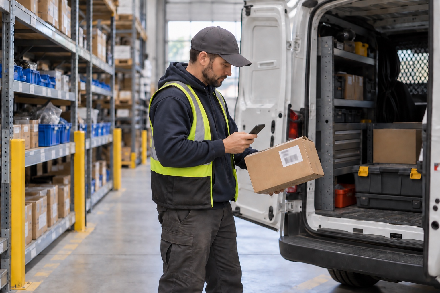 A warehouse worker scans a boxed replacement part before loading it into a parked service van.